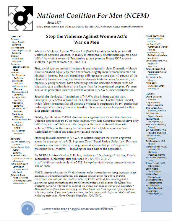 NCFM sends letter to Congress to Stop the Violence Against Women Act’s War on Men
