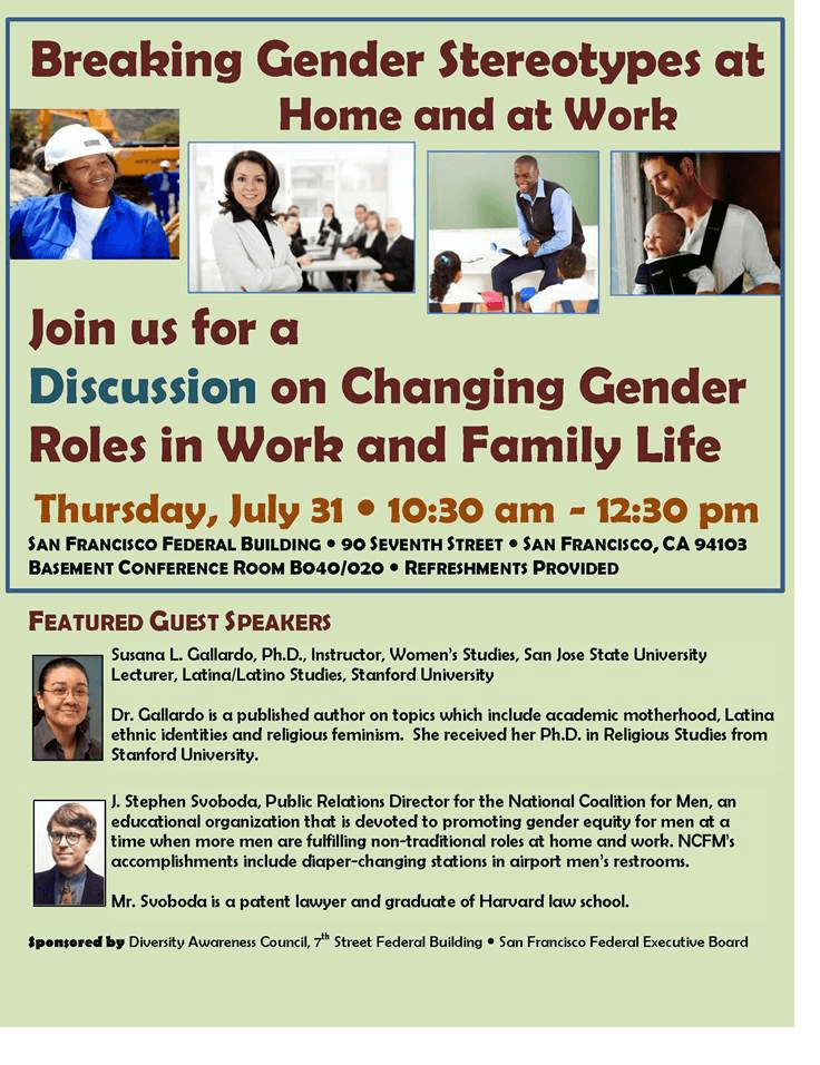 NCFM – another first! Gender Roles Discussion event at San Francisco Federal Building to address Men’s Issues
