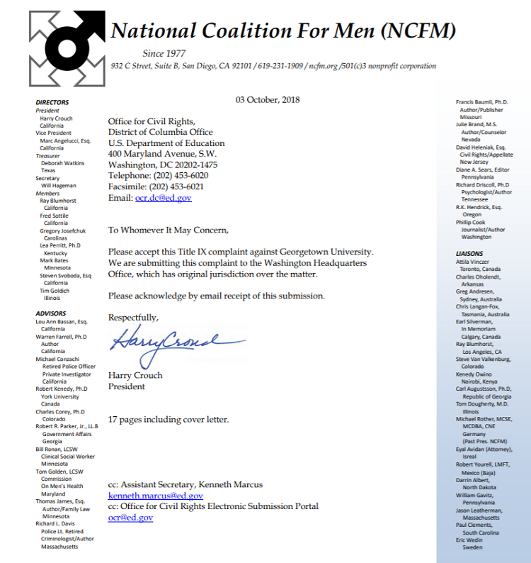 NCFM files Title IX complaint against Georgetown University