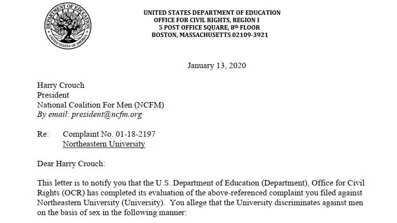 NCFM complaint against Northeastern University accepted for investigation by the Department of Education Office for Civil Rights (OCR)